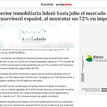 El inmobiliario lider hasta julio el mercado transaccional, al aumentar un 72% su importe, segn TTR